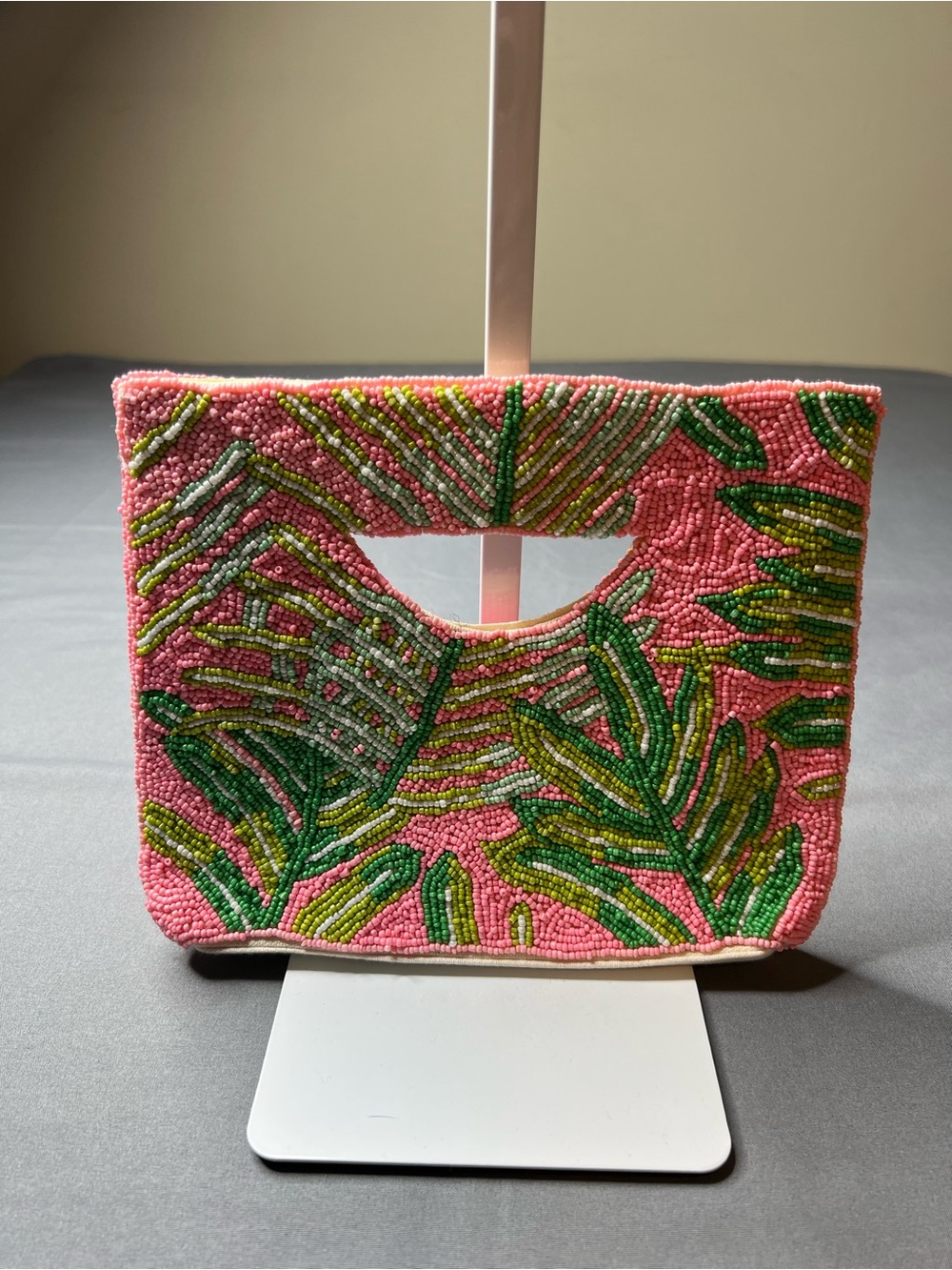 Beaded Pink Tropical Leaf Cutout Handle Clutch